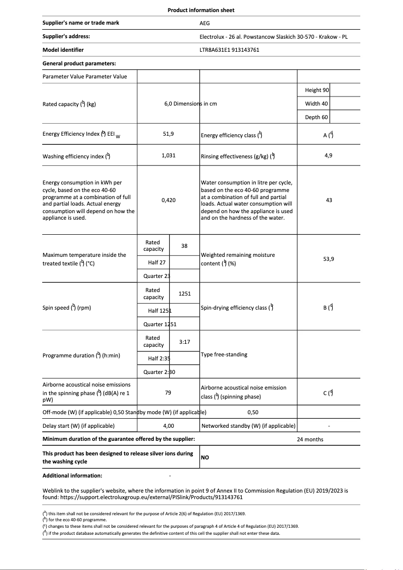 Página 1 del manual Ficha técnica AEG LTR8A631E1