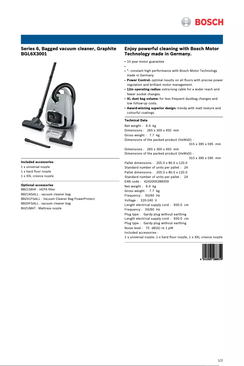 Page n°1 - Fiche technique Bosch Serie 6 BGL6X3001