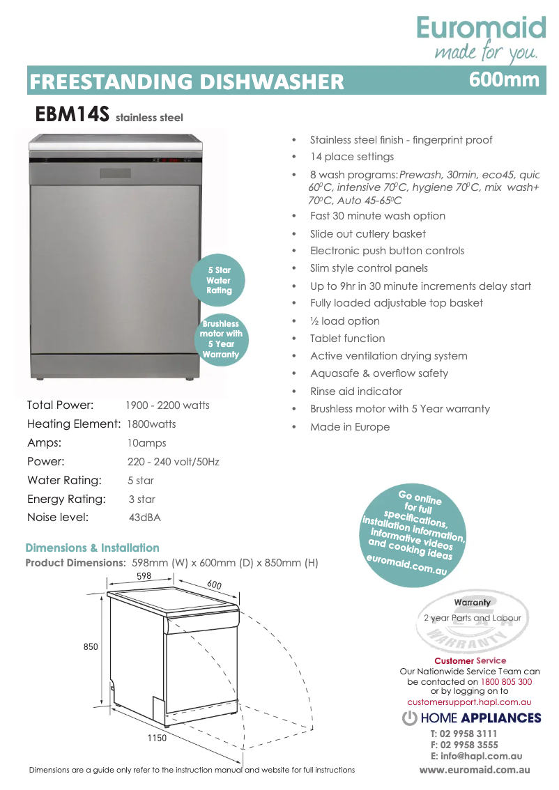 Page 1 de la notice Fiche technique Euromaid EBM14S