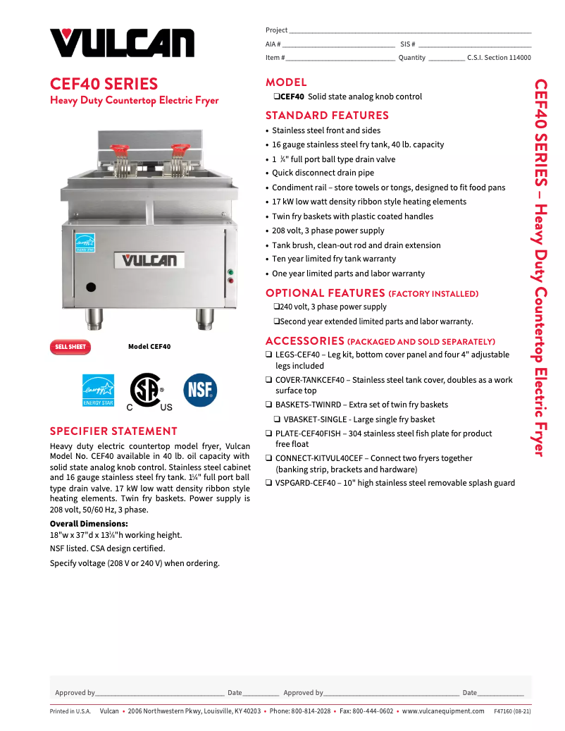 Page 1 de la notice Fiche technique Vulcan CEF40