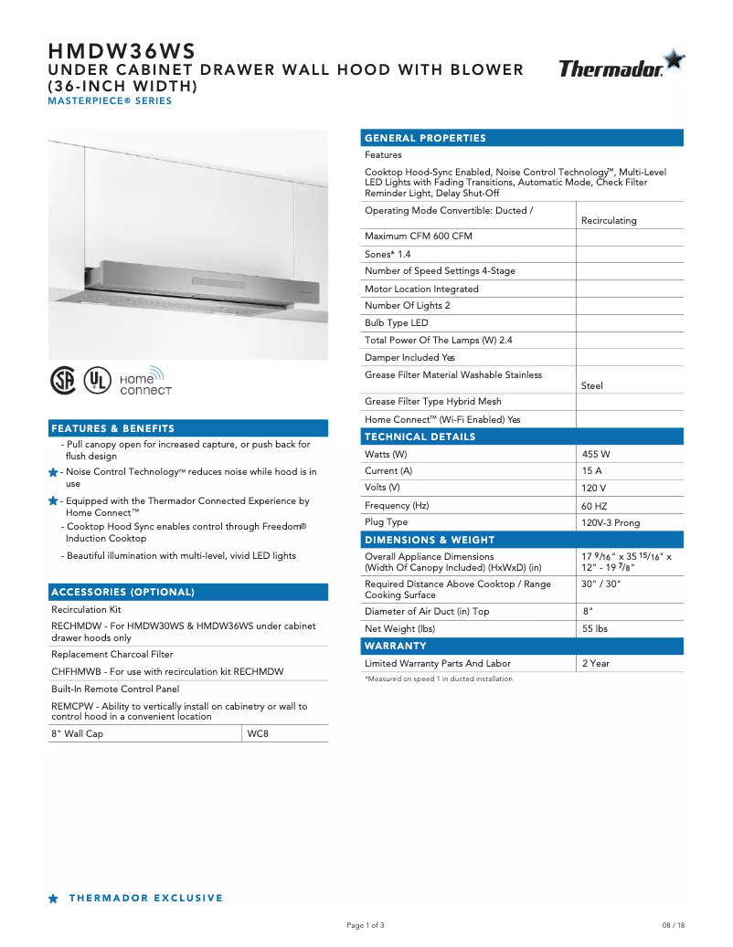 Page n°1 - Fiche technique Thermador HMDW36WS