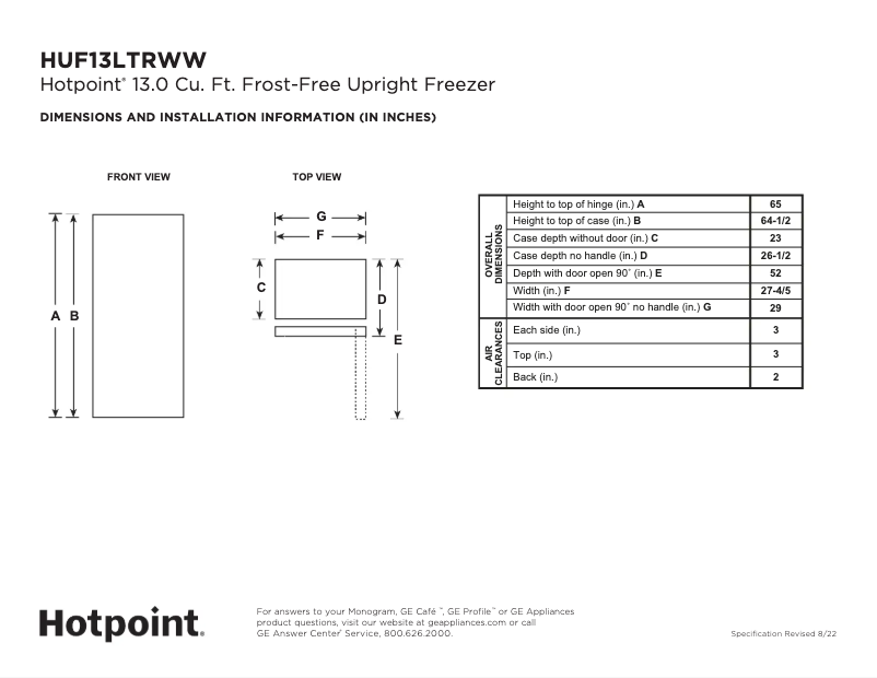 Page 1 de la notice Fiche technique Hotpoint HUF13LTRWW