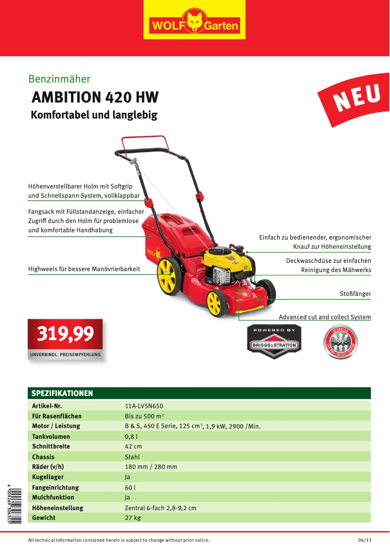 Page 1 de la notice Manuel utilisateur Wolf Garten Ambition 420 HW