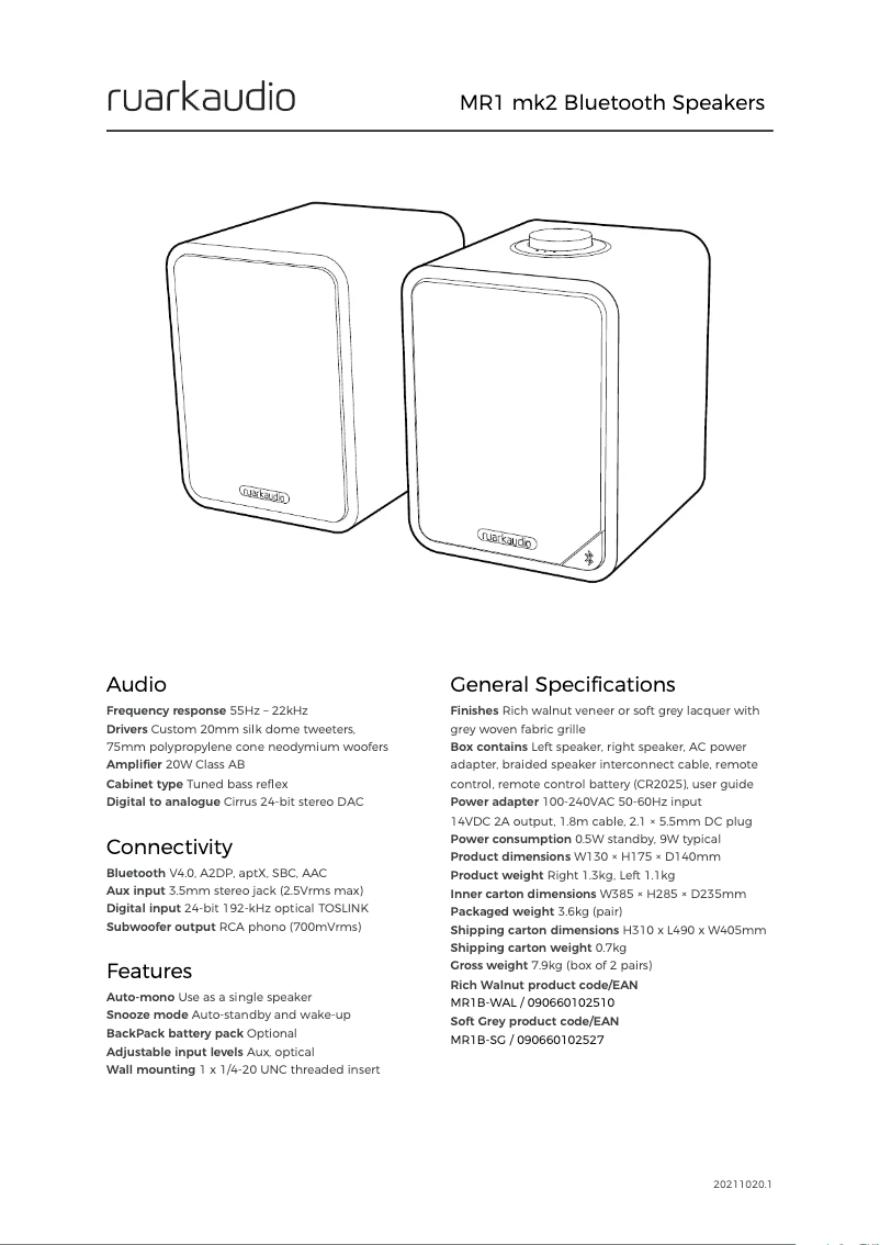 Page 1 de la notice Fiche technique Ruark Audio MR1 Mk2