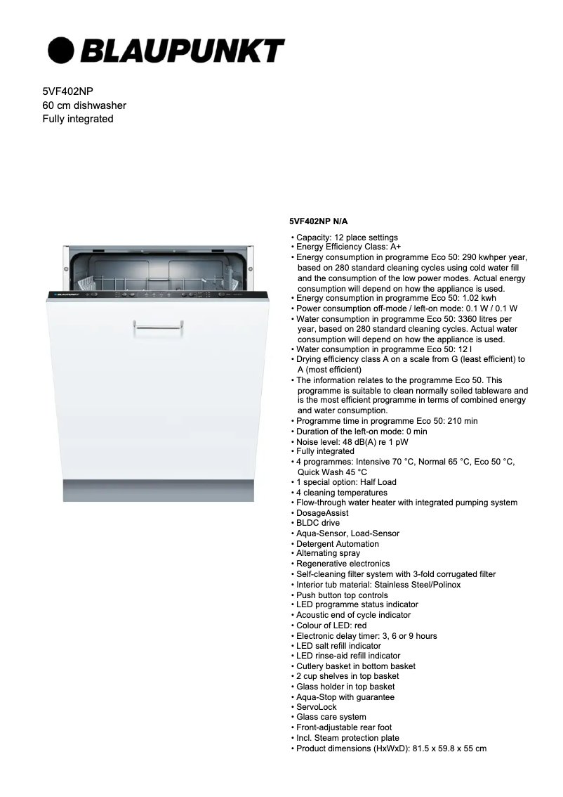 Page 1 de la notice Fiche technique Blaupunkt 5VF402NP