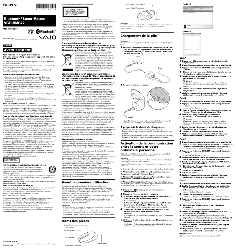 Page 1 de la notice Manuel utilisateur Sony VGP-BMS77