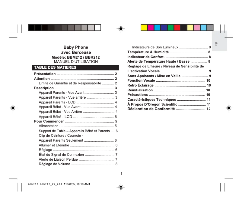 Page n°1 - Manuel utilisateur Oregon Scientific BBM212