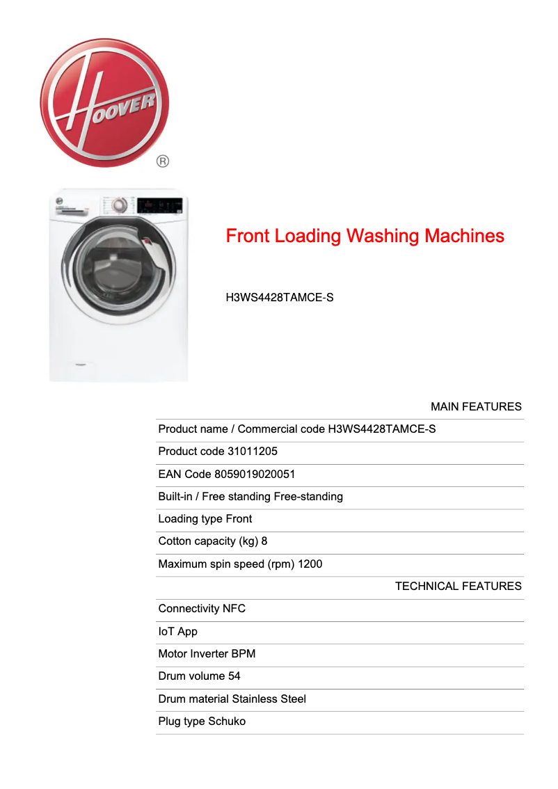 Página 1 del manual Ficha técnica Hoover H3WS4428TAMCE-S