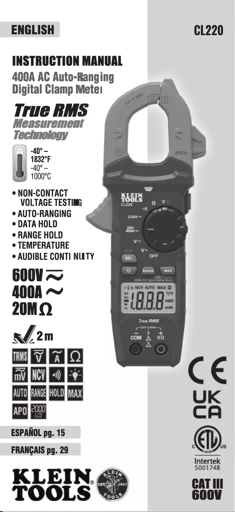 Página 1 del manual Manual de usuario Klein Tools CL220