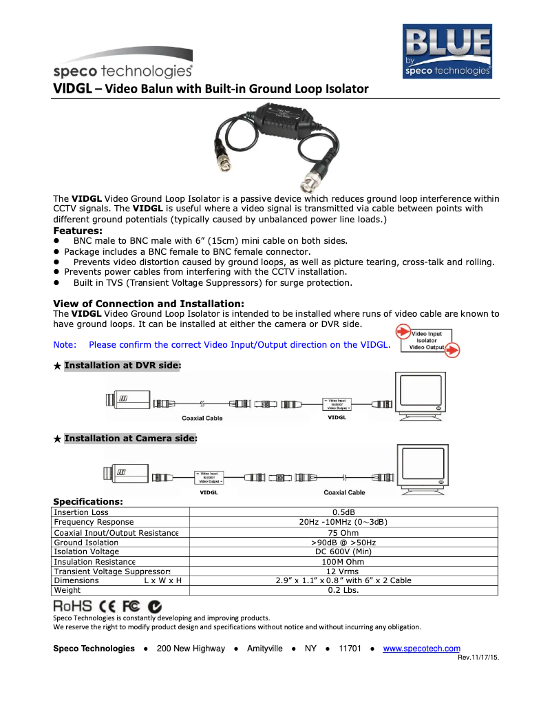 Page n°1 - Manuel utilisateur Speco Technologies VIDGL