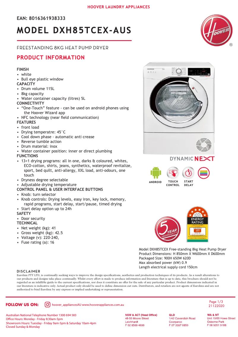 Page n°1 - Fiche technique Hoover DX H85TCEX-AUS