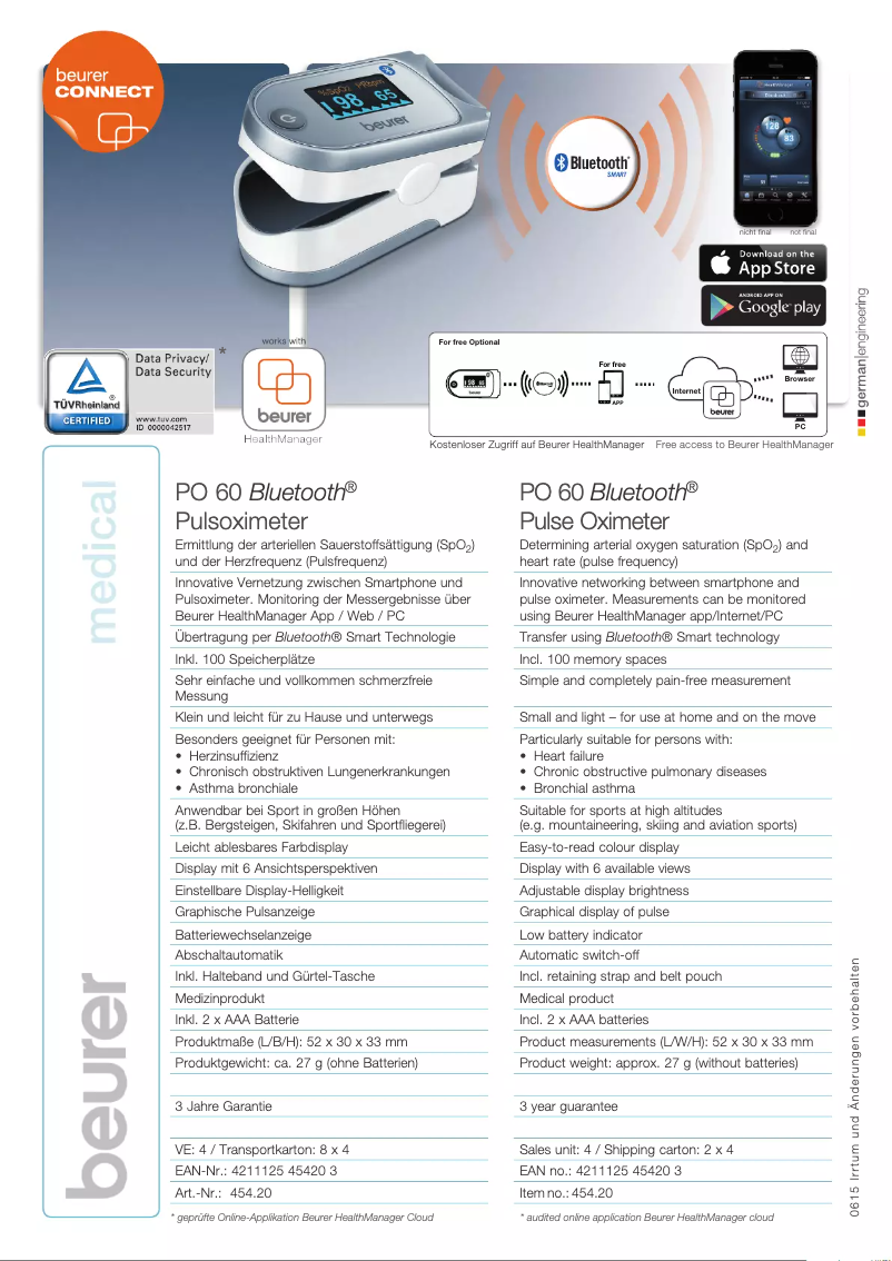 Page 1 de la notice Fiche technique Beurer PO 60 Bluetooth