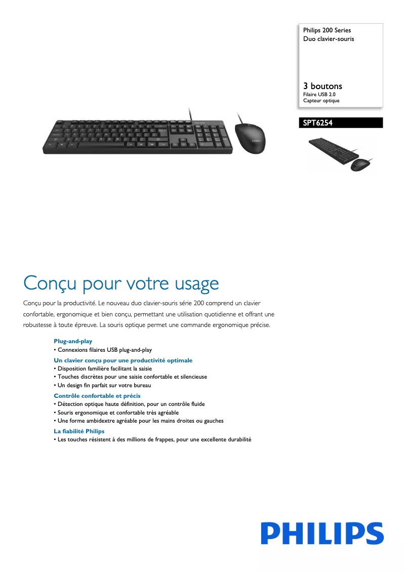Page 1 de la notice Fiche technique Philips SPT6254