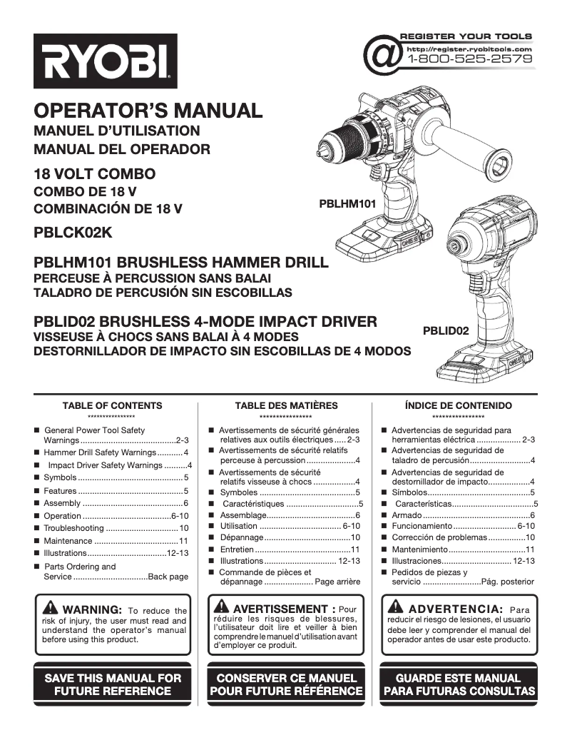 Page n°1 - Manuel utilisateur RYOBI One+ PBLCK02K