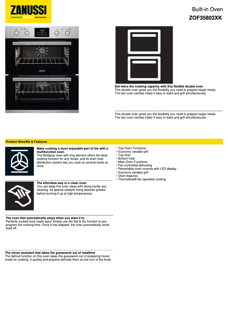 Page 1 de la notice Fiche technique Zanussi ZOF35802XK