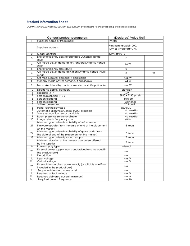 Page 1 de la notice Fiche technique Philips 32PHS5507
