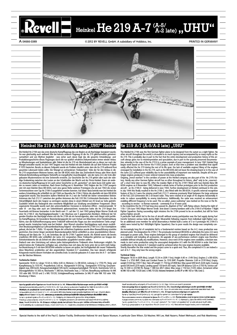 Page 1 de la notice Manuel utilisateur Revell Heinkel He219 A-7/A-5/A-2 late UHU