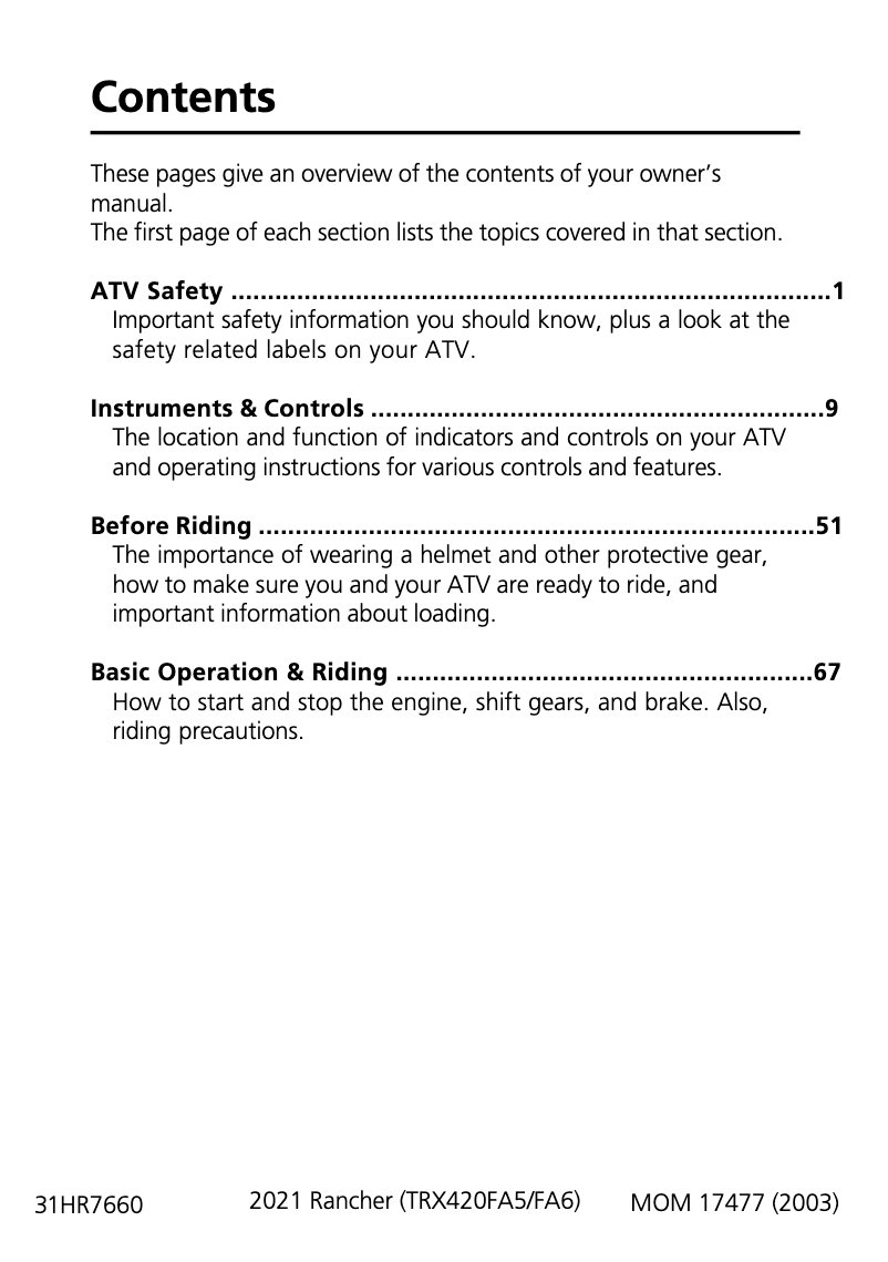 Image de la première page du manuel de l'appareil FourTrax Rancher TRX420 (2021)