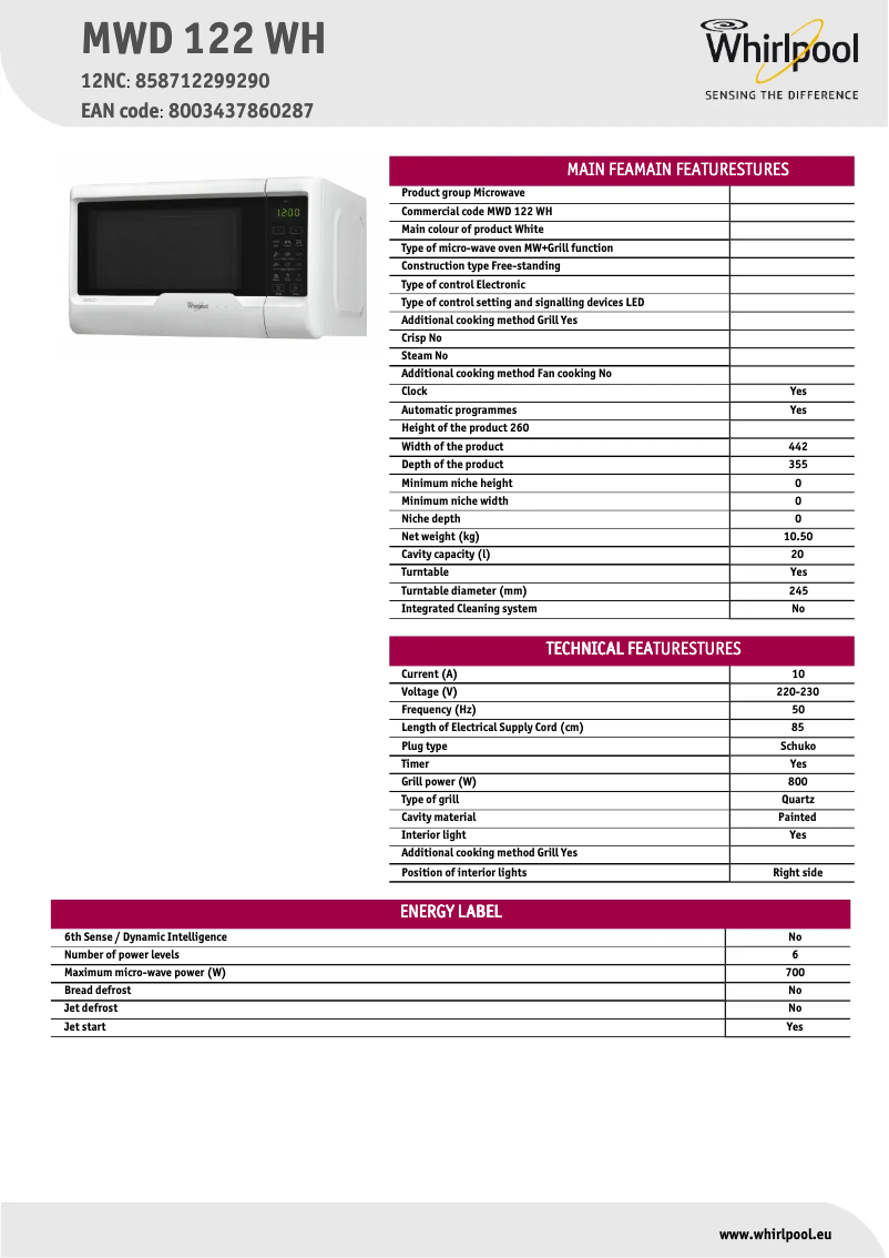 Página 1 del manual Ficha técnica Whirlpool MWD122WH
