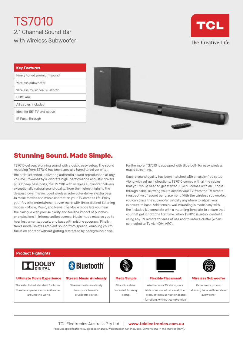 Page 1 de la notice Fiche technique TCL TS7010