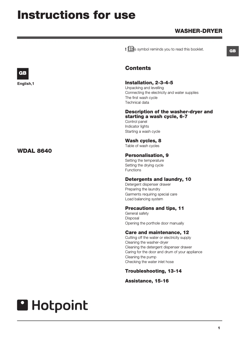 Page 1 de la notice Manuel utilisateur Hotpoint WDAL 8640G