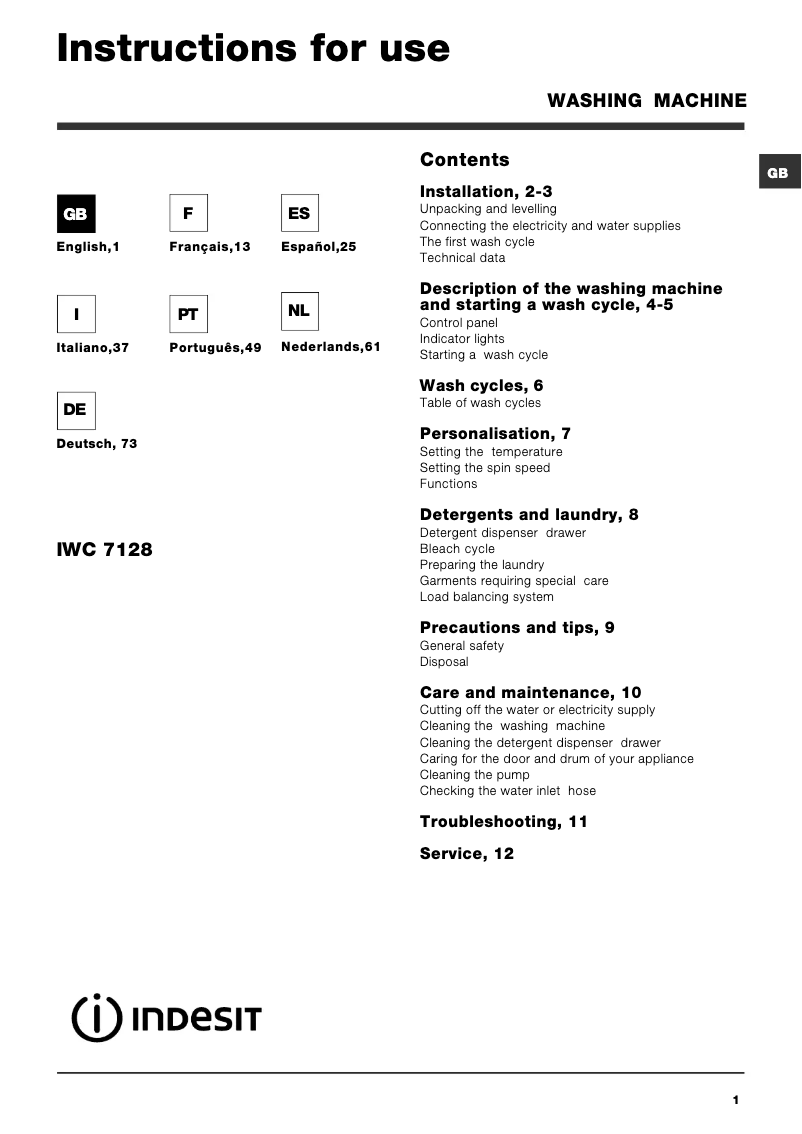 Page 1 de la notice Manuel utilisateur Indesit IWC7128WE