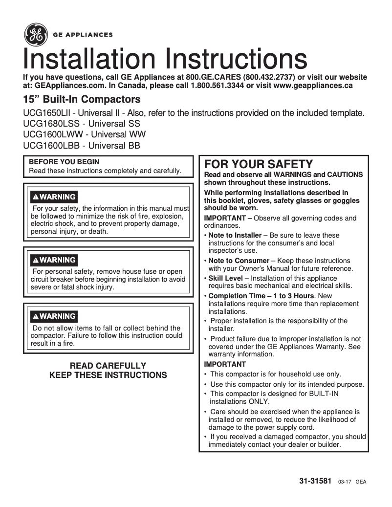 Page 1 de la notice Guide d'installation GE UCG1680LSS