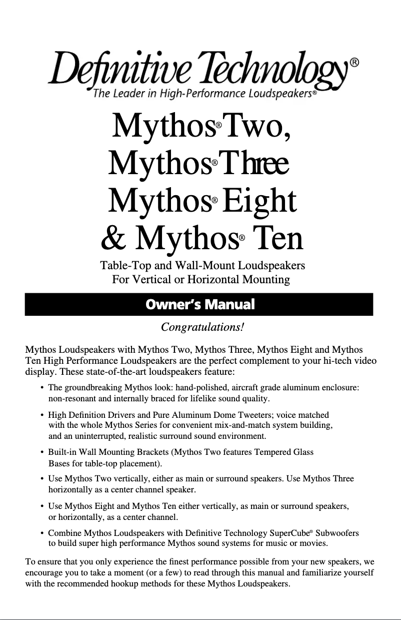 Page n°1 - Manuel utilisateur Definitive Technology Mythos 3