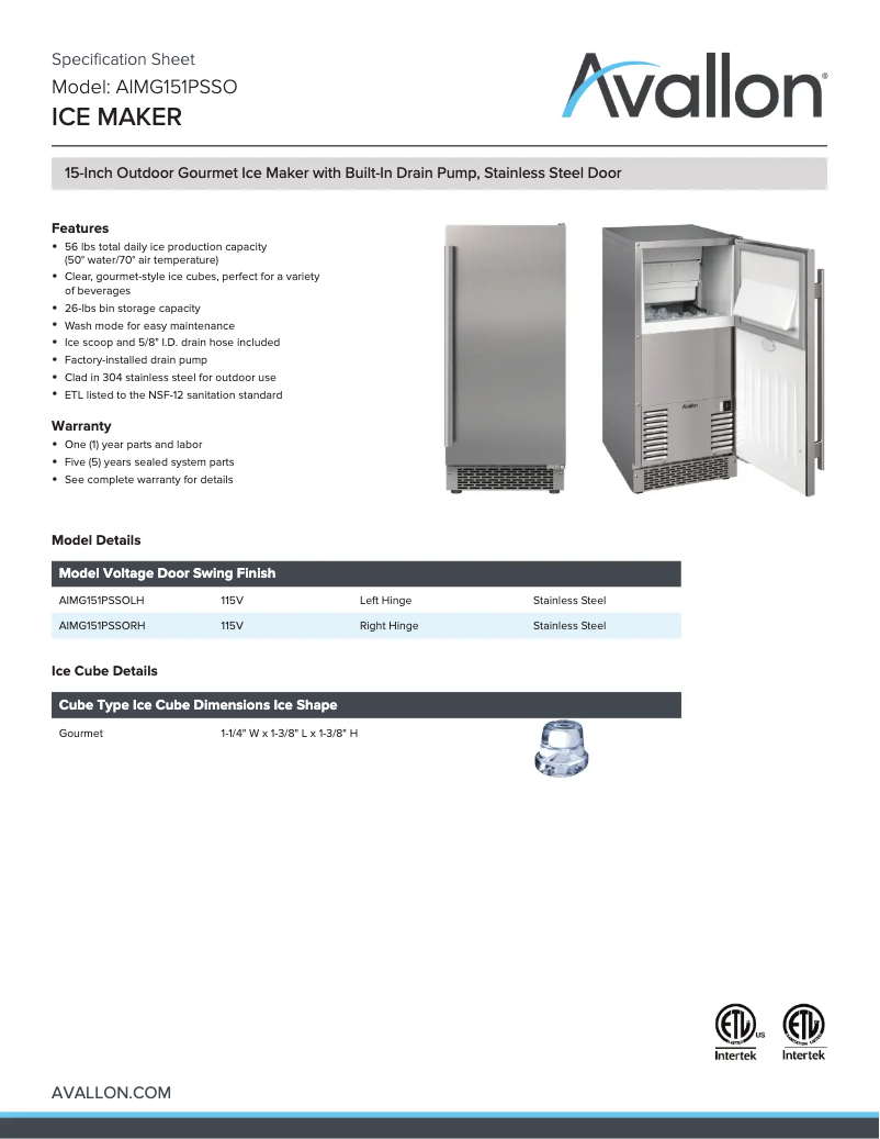 Page 1 de la notice Fiche technique Avallon AIMG151PSSO