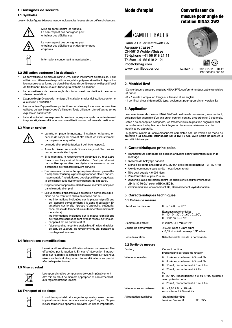 Page 1 de la notice Manuel utilisateur Camille Bauer KINAX 3W2