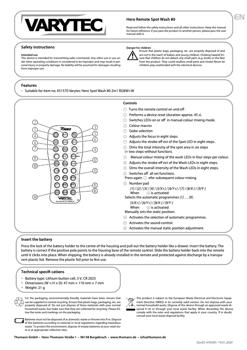 Página 1 del manual Ficha técnica Varytec Hero Spot Wash 80