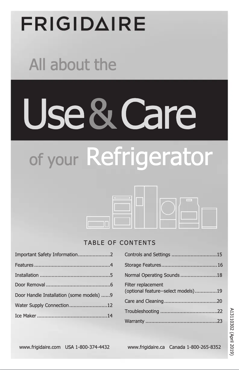Page n°1 - Manuel d'utilisation et d'entretien Frigidaire FFTR2045VB