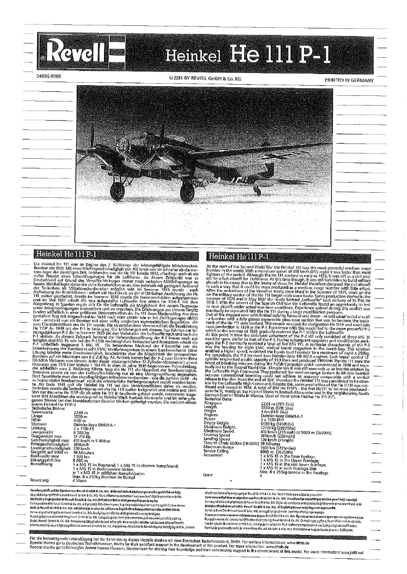 Page 1 de la notice Manuel utilisateur Revell Heinkel He 111 P-1