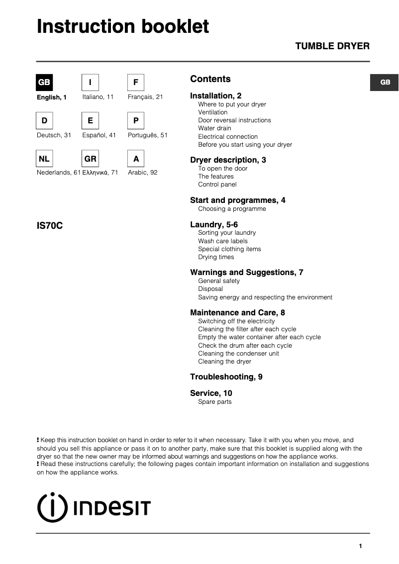 Page n°1 - Manuel utilisateur Indesit IS70C
