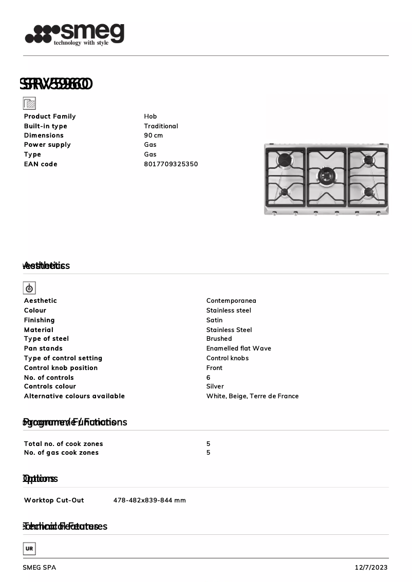 Page 1 de la notice Fiche technique Smeg SRV596O