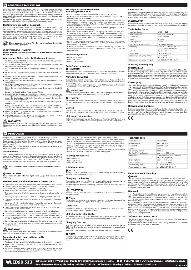 Page 1 de la notice Manuel utilisateur Schwaiger WLED90 513