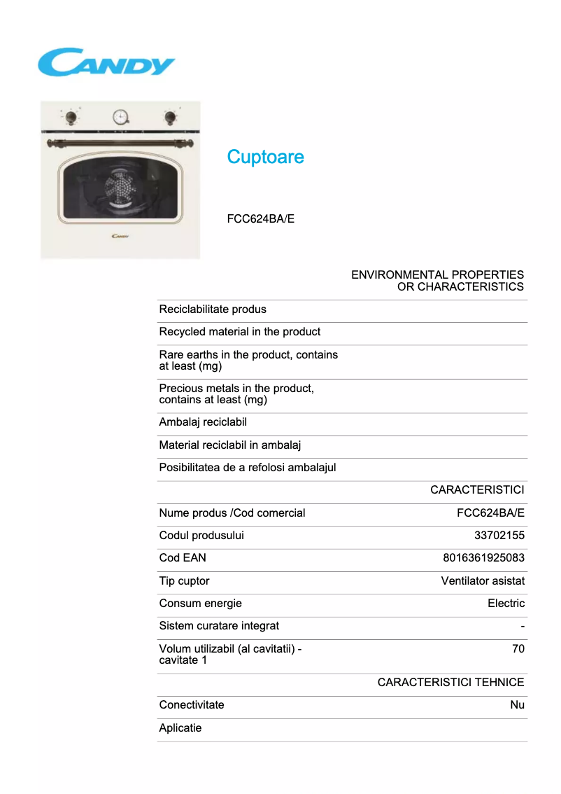 Page n°1 - Fiche technique Candy FCC624BA/E