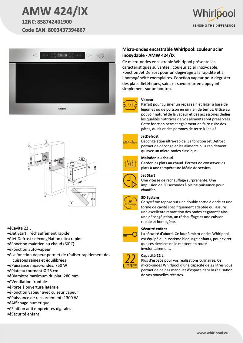 Page 1 de la notice Fiche technique Whirlpool AMW 424/IX