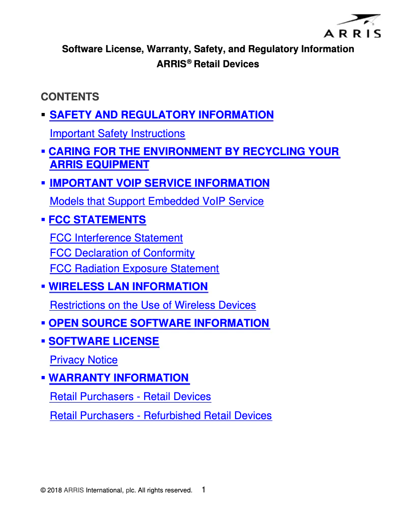 Page 1 de la notice Informations de garantie Arris SURFboard SBV3202