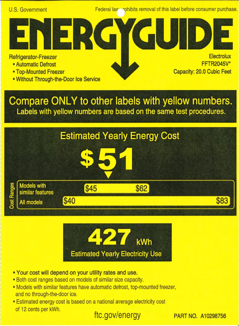 Página 1 del manual Etiqueta energética Frigidaire FFTR2045VD