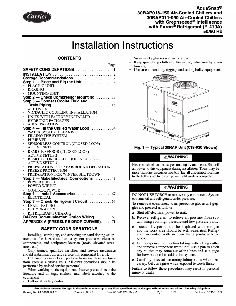 Page n°1 - Manuel utilisateur Carrier AQUASNAP 30RAP