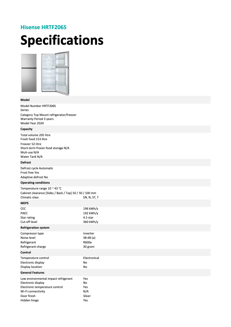 Page 1 de la notice Fiche technique Hisense HRTF206S