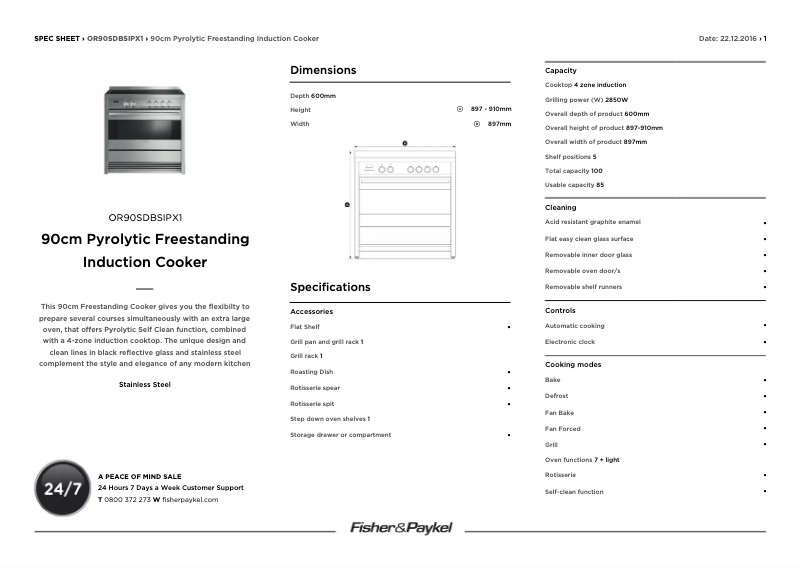 Page 1 de la notice Fiche technique Fisher & Paykel OR90SDBSIPX1