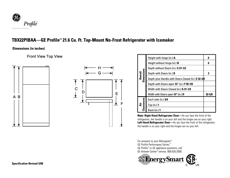 Page n°1 - Fiche technique GE Profile TBX22PIBAA