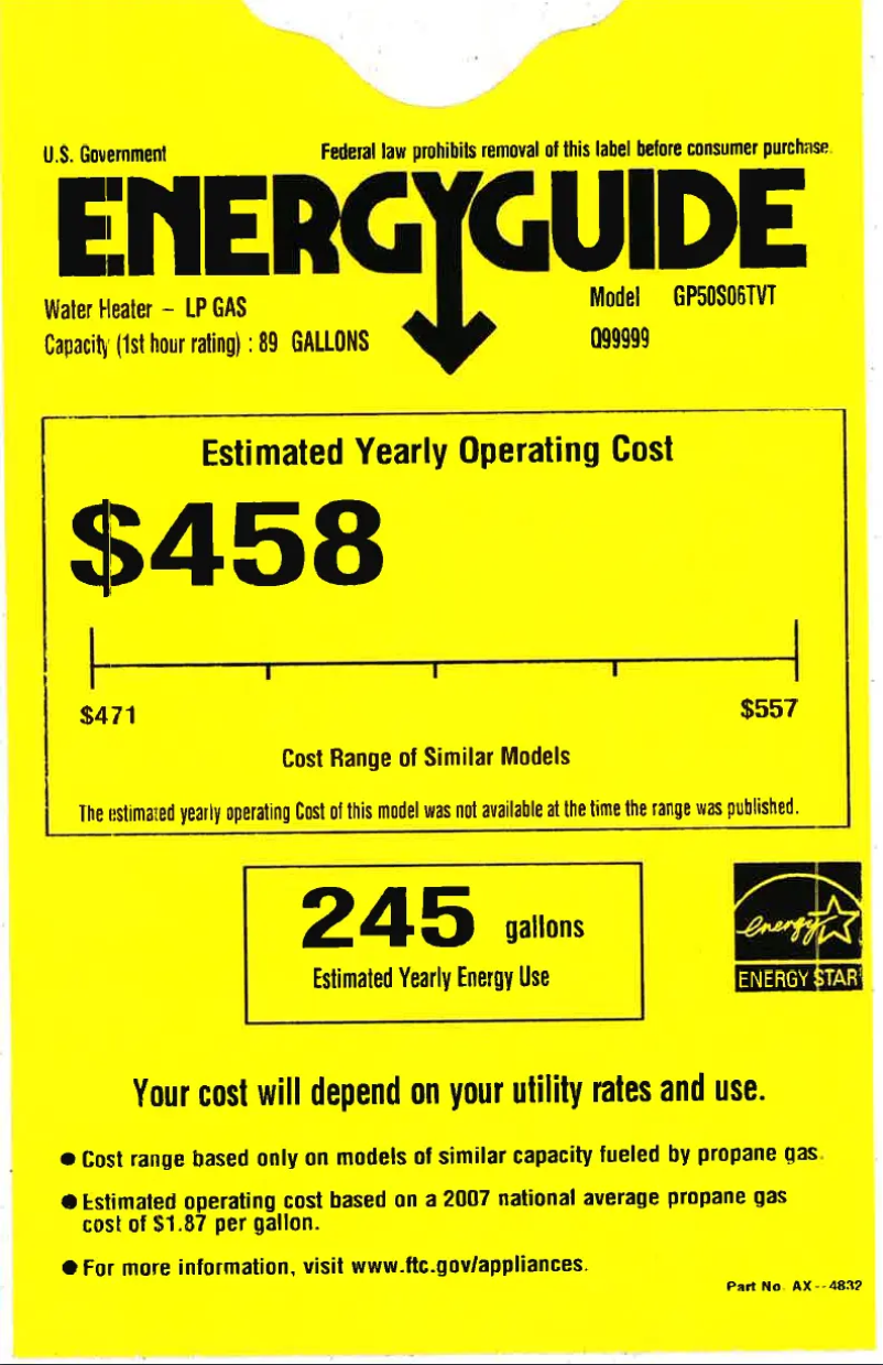 Page 1 de la notice Label énergétique GE GP50S06TVT