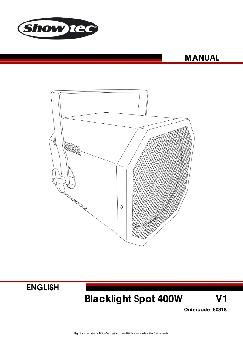 Page 1 de la notice Manuel utilisateur Showtec Blacklight Spot 400W
