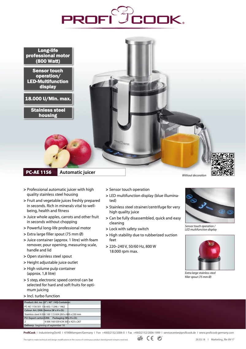 Page 1 de la notice Fiche technique ProfiCook PC-AE 1156