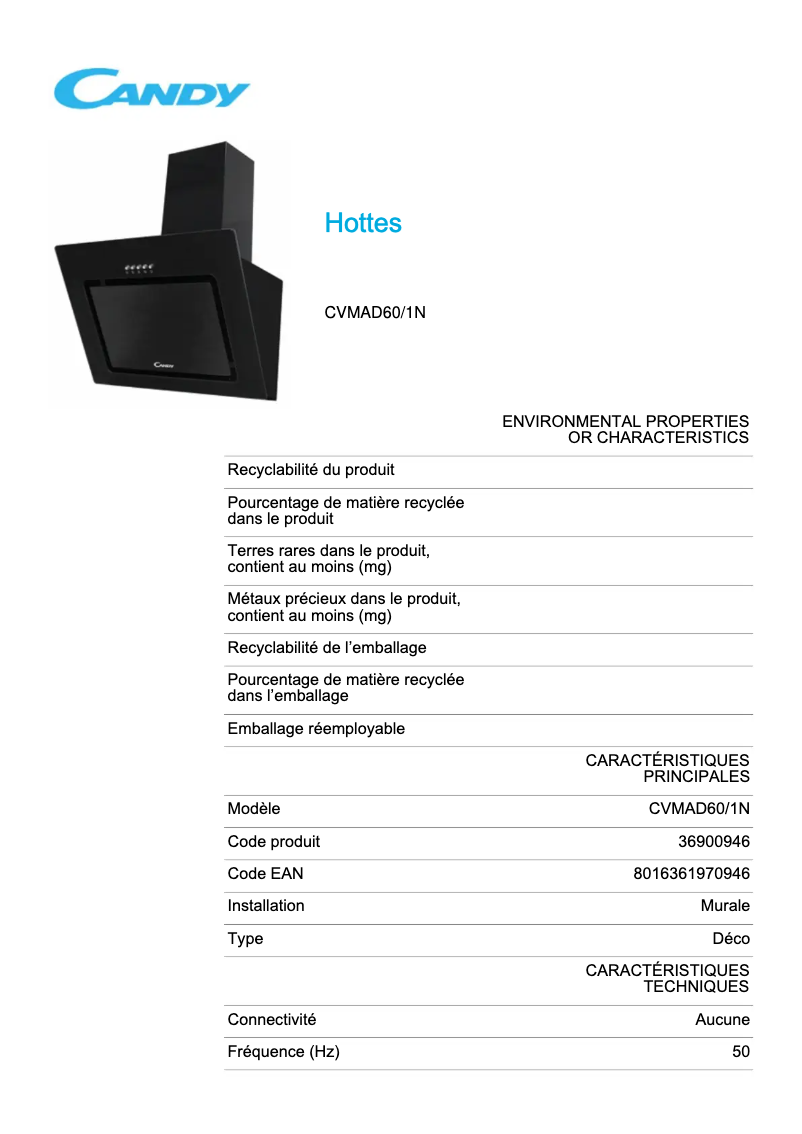 Page 1 de la notice Fiche technique Candy CVMAD60/1N