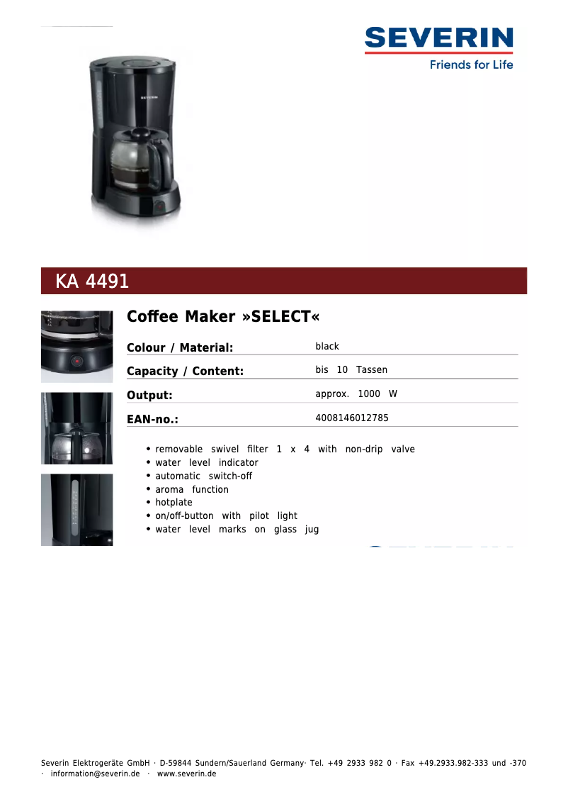 Page 1 de la notice Fiche technique Severin KA 4491