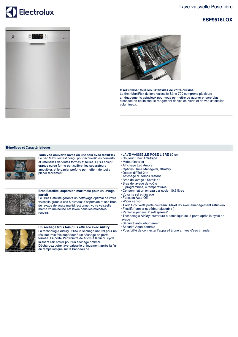 Page 1 de la notice Fiche technique Electrolux ESF9516LOX